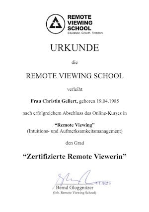 Urkunde als Zertifizierte Remote Viewerin Christin Gellert