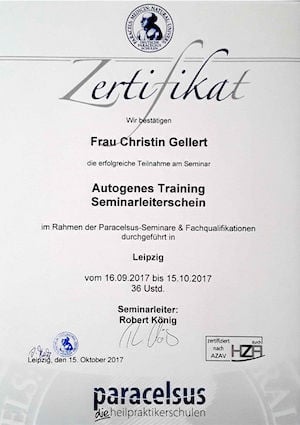 Zertifikat für Seminar für Autogenes Training (Seminarleiter) Christin Gellert