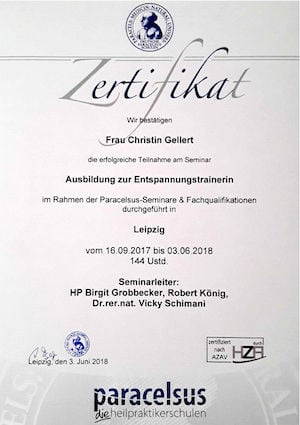 Zertifikat für Seminar für Entspannungstraining Christin Gellert