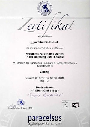 Zertifikat für Seminar für Arbeit mit Farben und Düften Christin Gellert