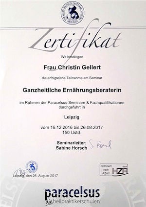Zertifikat für Seminar für Ganzheitliche Ernährungsberaterin Christin Gellert