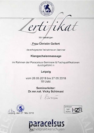 Zertifikat für Seminar für Klangschalenmassage Christin Gellert