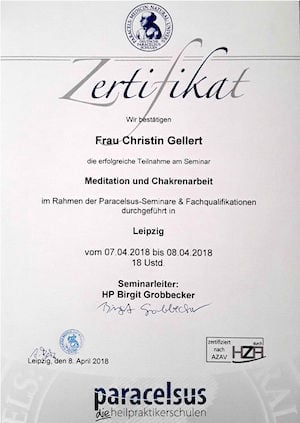 Zertifikat für Seminar für Meditation und Chakrenarbeit Christin Gellert
