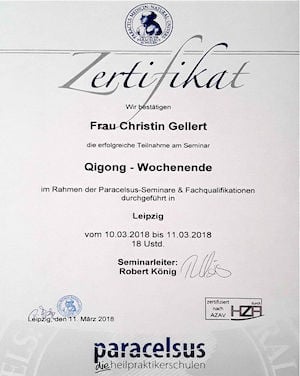 Zertifikat für Seminar für Qigong Christin Gellert