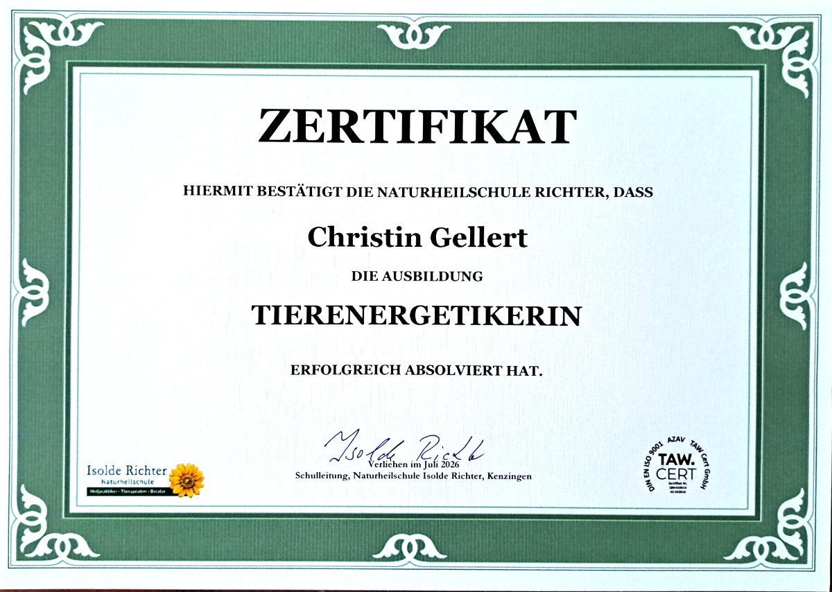 Zertifikat zur Tierenergetikerin Christin Gellert